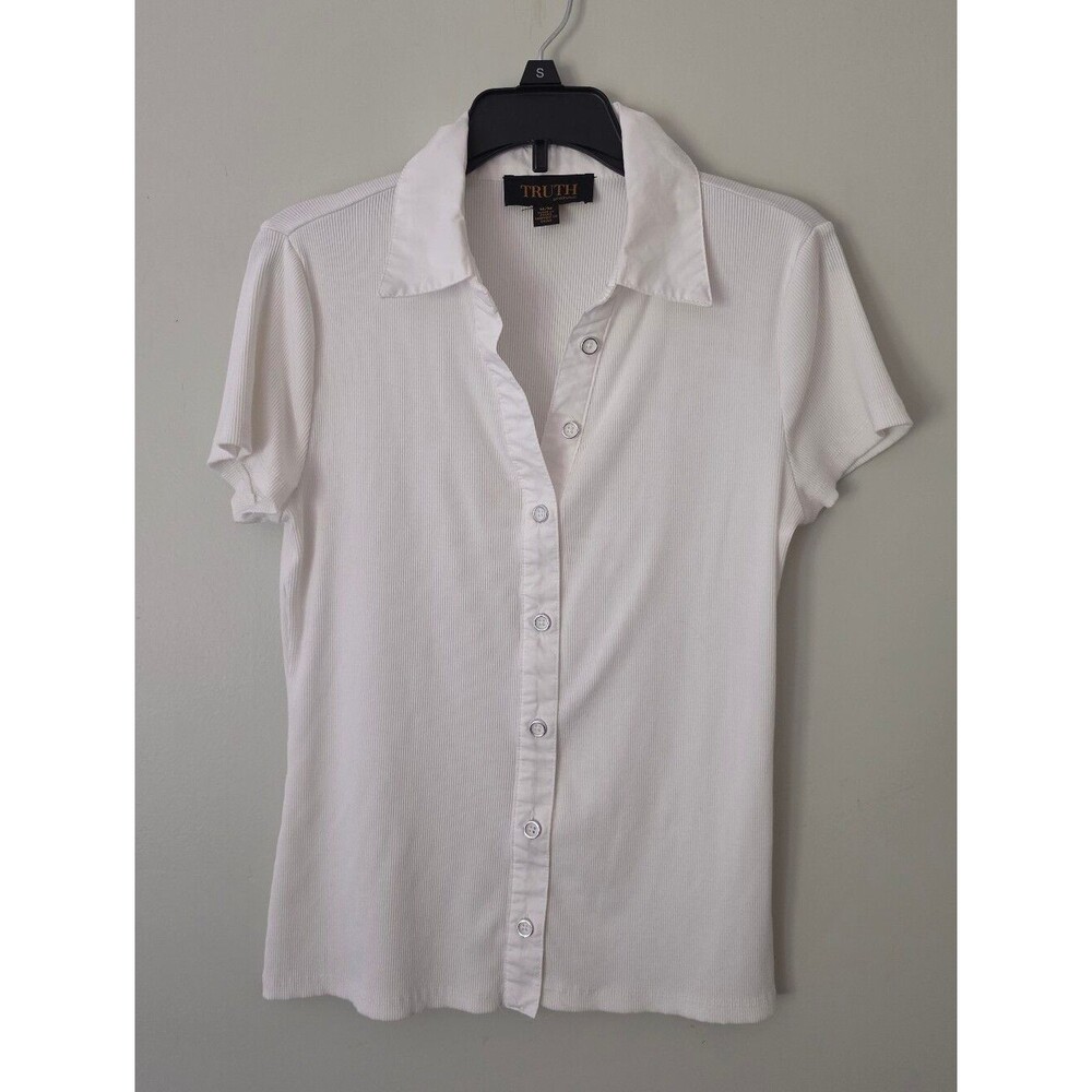 TRUTH White Ribbed Short-Sleeve Button-Up Top Size Medium